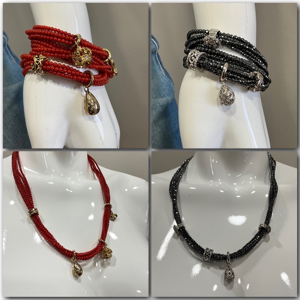 STORY by KRANZ & ZEIGLER Coral Black 5 Strand Beaded Wrap Bracelet 16 Charms